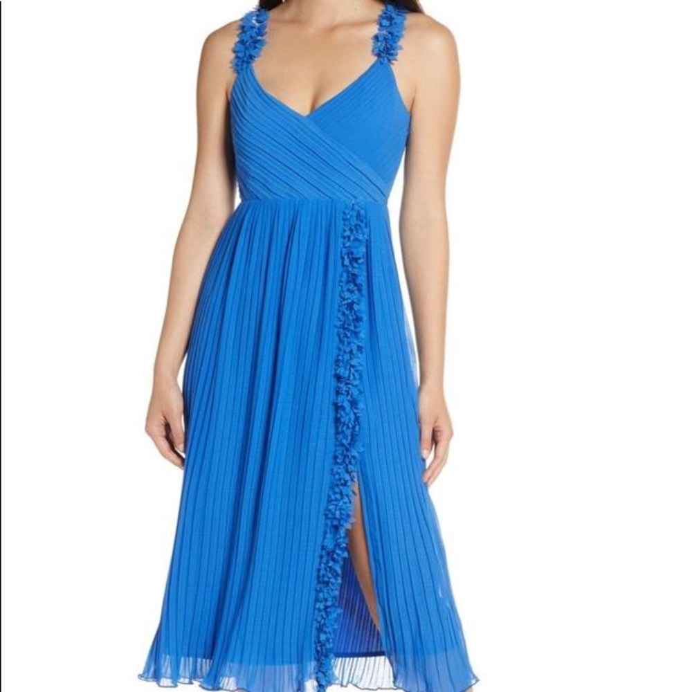 Foxiedox Blue Pleated Floral Applique Casual Dress